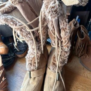 Vintage Y2K Report Tan Leather Knee High Boots Faux Fur Trim